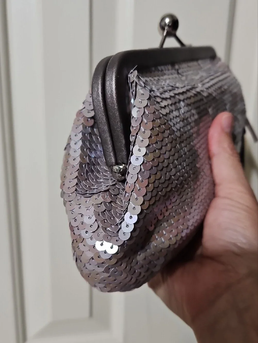 Coach NWOT Kisslock Iridescent Silver Sequin Wristlet Clutch